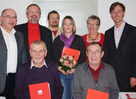 Die Geehrten mit Dr. Lars Castellucci, Thomas Funk MdL und Fritz Klenk 1. Vorsitzender