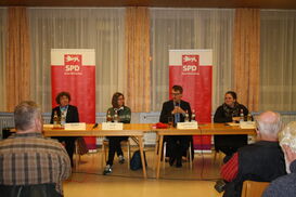 v. l. Pfarrerin Ulrike Walter, Esther Graf, Judaistin, Lars Castellucci, MdB, Elif Elmas, Islamwissenschaftlerin